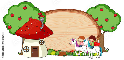 Blank wooden banner with fairy tale cartoon character and elements isolated
