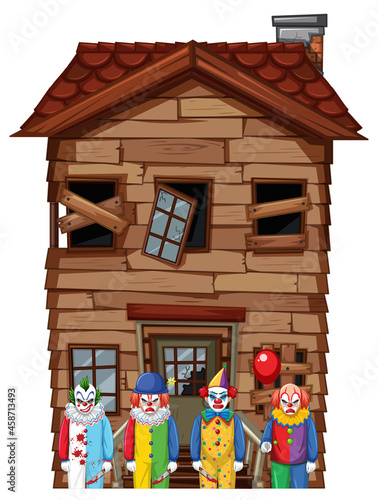 Creepy clowns standing in front of an abandoned house