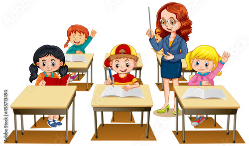 Students raising their hands with a teacher on white background