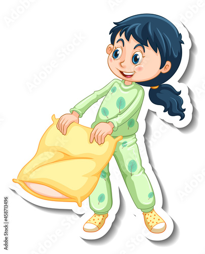 Sticker template with a girl wearing pajamas isolated