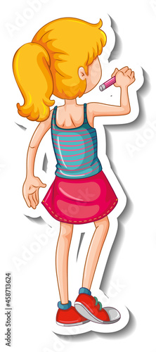 Sticker template with behind of a girl cartoon character isolated