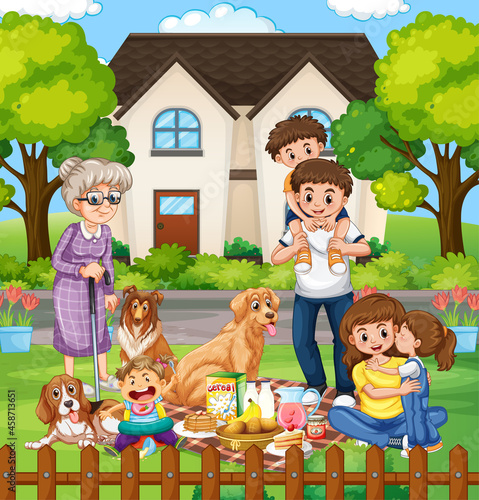 Happy family standing outside home with their pets
