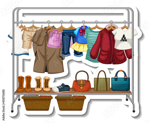 A sticker template of Clothes racks with many clothes on hangers on white bac...