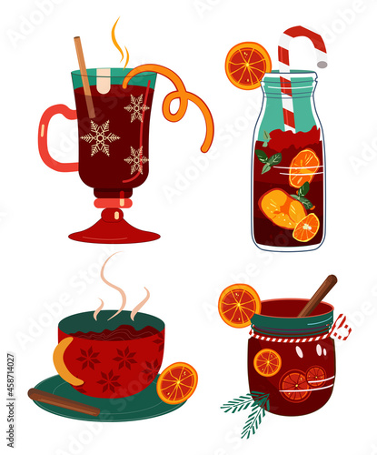 Mulled red wine set in different special glasses,jar with stripped tube. Anise,cinnamon stick and orange slices for better aroma.Hot drink for Christmas,New year party photo