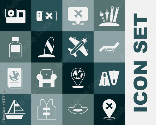 Set Plane, Rubber flippers for swimming, Sunbed and umbrella, Speech bubble with airplane, Surfboard, Whiskey bottle, Action camera and icon. Vector