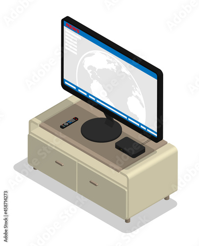 Isometric flat screen TV with satellite box control on wooden stand. Smart TV and home theater viewing at home. Realistic 3D vector isolated on white background