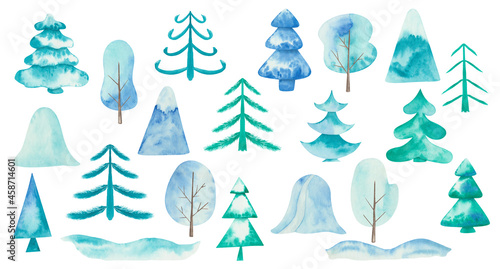 Watercolor illustration hand painted blue bank of snow drift, mountain, fir trees, pine, spruce for Christmas, New Year isolated. Winter clip art elements for design postcard, packaging paper, textile