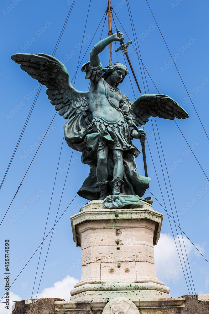 Ancient sculpture (1753) of the Holy Angel on top of the Castle of the Holy Angel in Rome, Italy