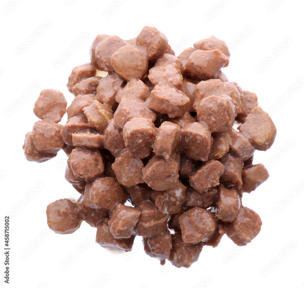 Pile of wet pet food isolated on white, top view