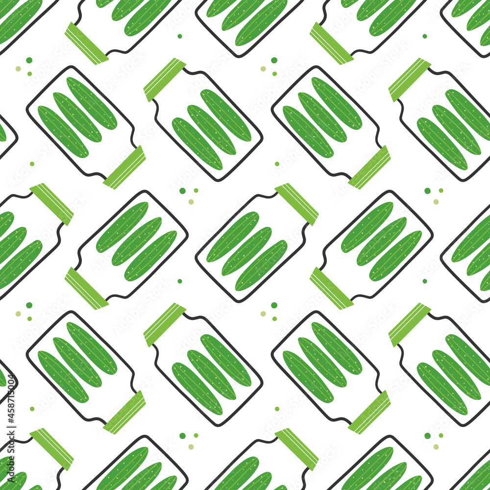 Jar of pickles, pickled green cucumbers and dots vector seamless pattern background. Jar of pickles, pickled green cucumbers and dots vector seamless pattern background.