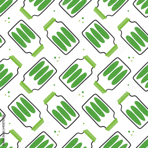 Jar of pickles, pickled green cucumbers and dots vector seamless pattern background.