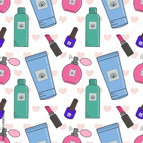 Vector seamless pattern of cosmetics.