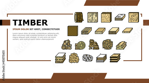 Timber Wood Industrial Production Landing Web Page Header Banner Template Vector. Fiber Board And Round Wooden Desk, Pellets And Plywood Timber. Charcoal And Paper List Sheet Industry Illustration