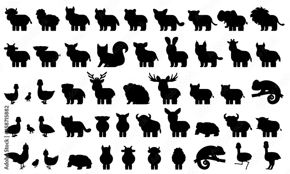 Big bundle of silhouette domestic, farm forest wild animals, birds. Black white vector illustration of collection of cartoon characters isolated on white background