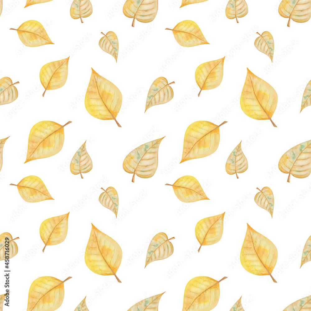 Watercolor seamless pattern from hand painted illustration of birch tree leaves in autumn yellow colors isolated on white. Forest nature print for fall season fabric textile, design cards, packaging Watercolor seamless pattern from hand painted illustration of birch tree leaves in autumn yellow colors isolated on white. Forest nature print for fall season fabric textile, design cards, packaging