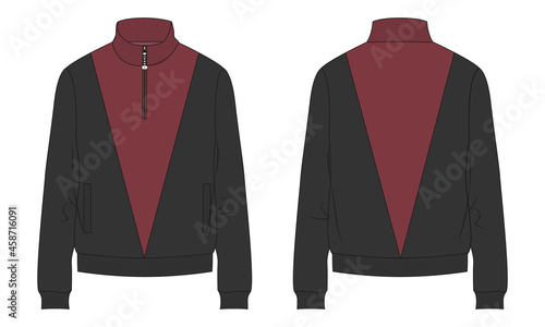Two tone Red and Black Long sleeve with Short zip fleece jacket overall technical fashion Flat sketch Vector illustration template Front, back views. Apparel Sweater Jacket mock up CAD.