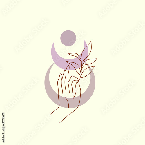 Hand drawn boho hands and moon art
