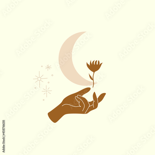 Hand drawn boho hands and moon art