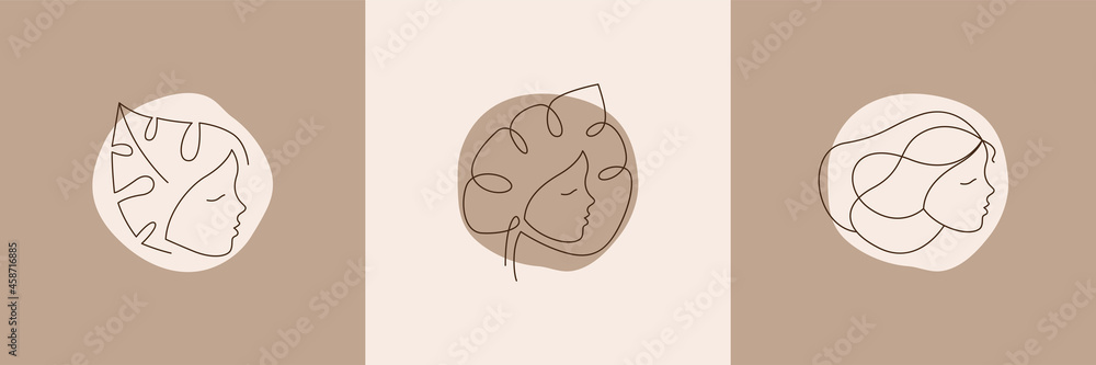 Vector Logo for business in the industry of beauty, health, personal hygiene. Linear stylized image of a female face. Logo for beauty salon, health industry, makeup artist, young girl. Abstract faces. Vector Logo for business in the industry of beauty, health, personal hygiene. Linear stylized image of a female face. Logo for beauty salon, health industry, makeup artist, young girl. Abstract faces.