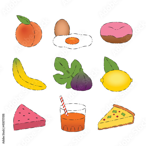 Collection of nine stylized food illustration icon set for cafe kitchen