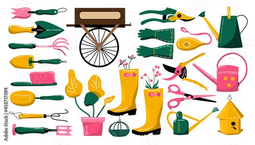 Gardening equipment and tools collection.Hand drawn set for planting and seedling.Eco hobby.Illustration with pruner, watering can, clothes, trowel.Grow and cultivate flowers.Bee and bird houses