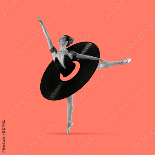 Contemporary art collage, modern design. Retro style. Beautiful ballerina in vinyl plate dancing on red background