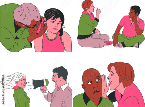 Illustration concept. Kit. Scenes with hearing impaired men and women. Conversation with gestures. Vector illustration.