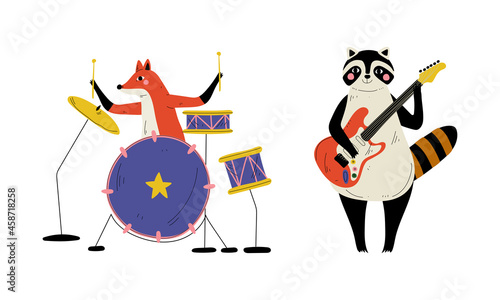 Funny Fox and Raccoon Character Playing Electric Guitar and Drum Performing Concert Vector Set