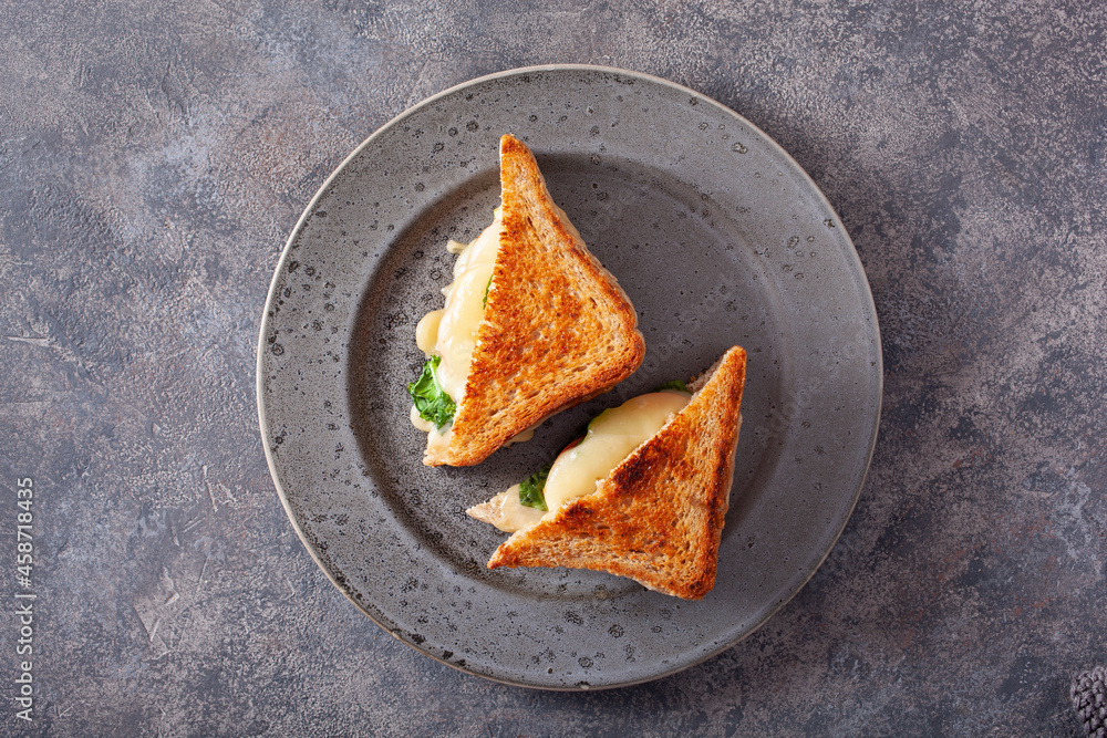 grilled cheese spinach and tomato sandwich on concrete background