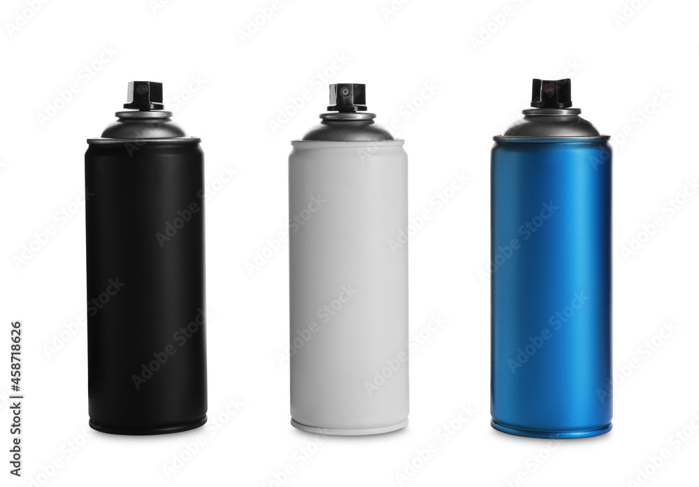 Cans of different spray paints on white background. Graffiti supplies Cans of different spray paints on white background. Graffiti supplies