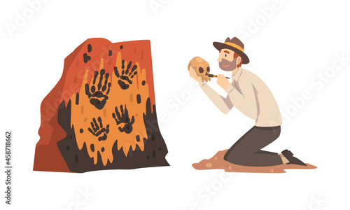 Man Archaeologist with Brush Searching for Material Remains Vector Set