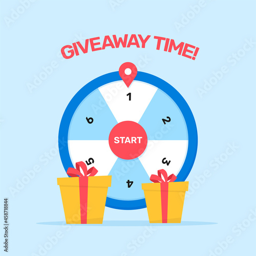 Giveaway time with wheel spinner door prize vector illustration for online social media poster competition design