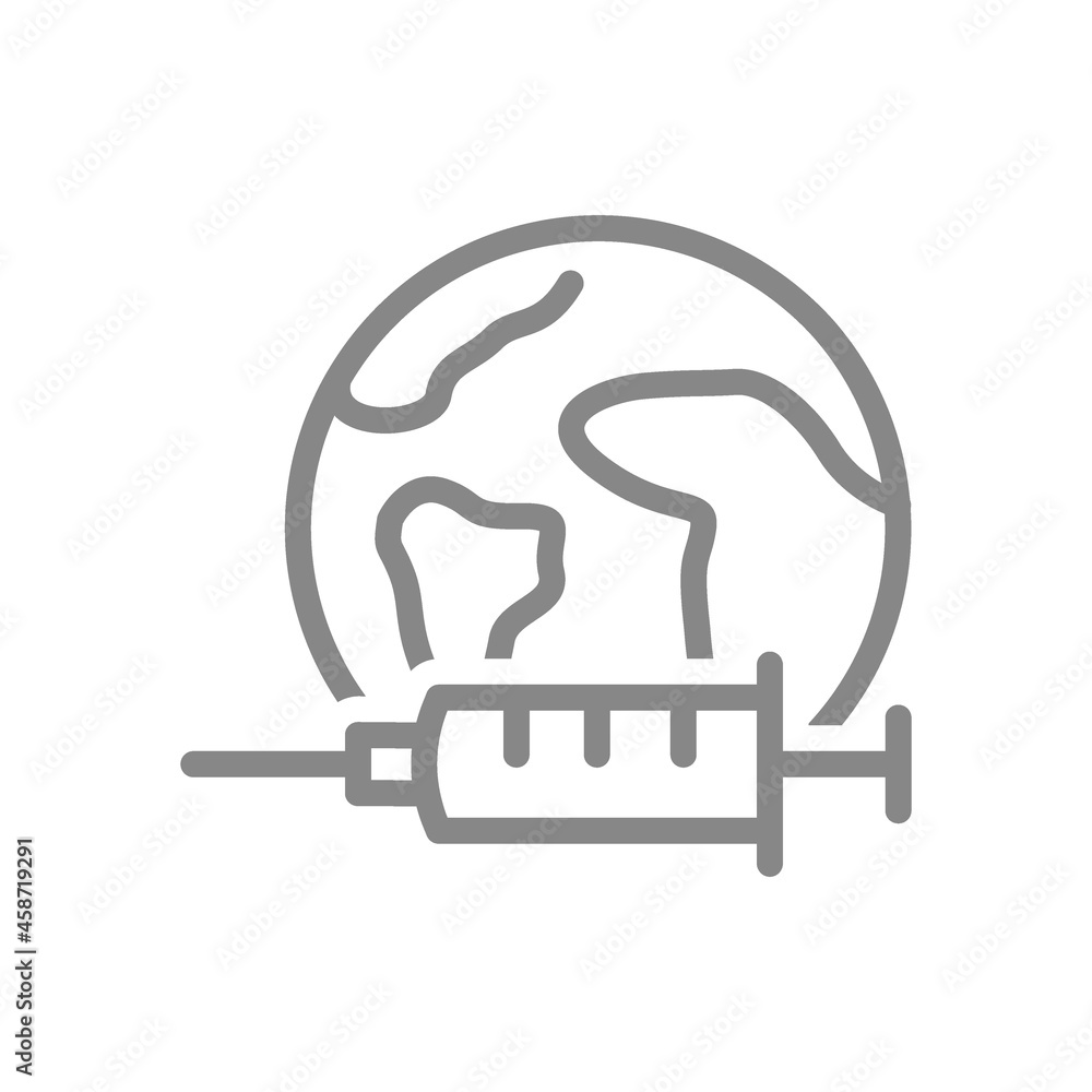 Medical syringe and planet Earth line icon. World vaccination, collective immunity, injection symbol Medical syringe and planet Earth line icon. World vaccination, collective immunity, injection symbol