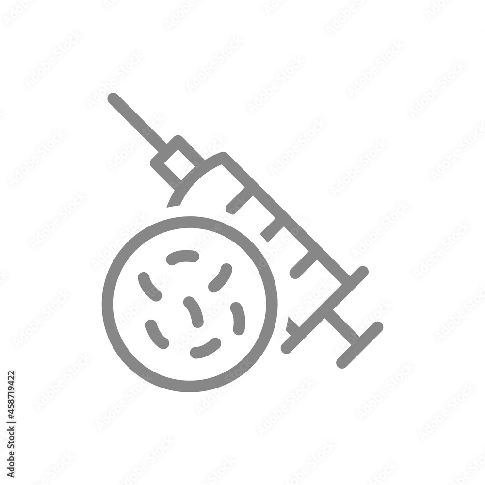 Medical syringe and bacteria line icon. Vaccination, injection, germs in syringe, viruses symbol Medical syringe and bacteria line icon. Vaccination, injection, germs in syringe, viruses symbol
