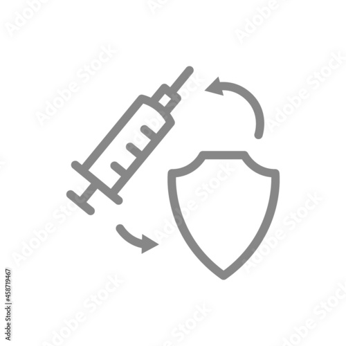 Medical syringe and shield line icon. Vaccination of the population, preventive measures, immunization symbol
