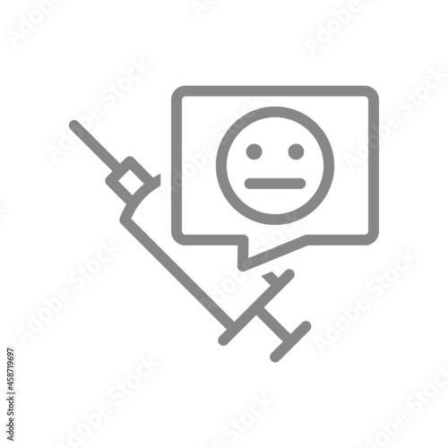 Medical syringe and neutral face in speech buble line icon. Vaccination, vaccine evaluation, neutral feedback symbol