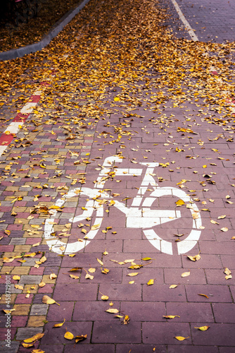 Obraz na płótnie Bike path sign in the middle of the park in autumn leaves. w salonie