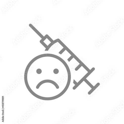 Medical syringe and sad face line icon. No vaccination, vaccine evaluation, negative feedback symbol