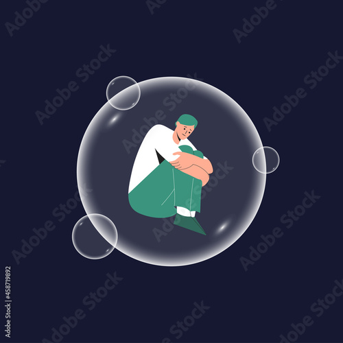 The concept of depression, social isolation, loneliness and mental disorders. Depressed young male character with green hair sits in bubble. Lonely person in vacuum. Vector illustration in flat style.