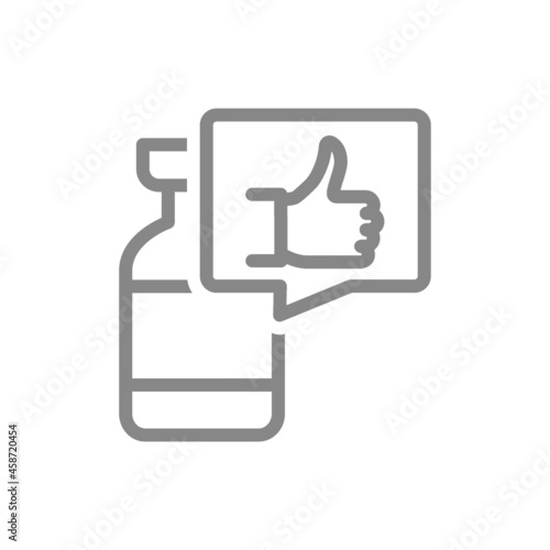 Medical ampoule and speech bubble with thumb up line icon. Vaccine, serum, vaccination information, immunization symbol