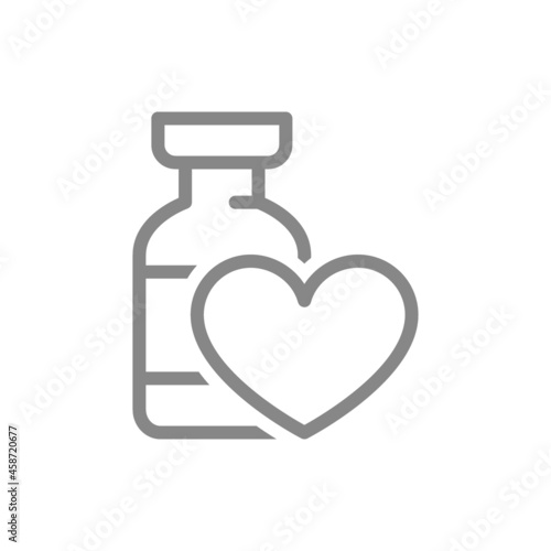 Medical ampoule with heart line icon. Vaccine, serum, vaccination information, immunization symbol