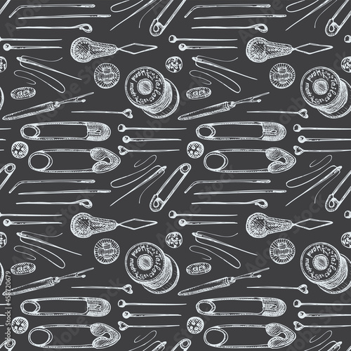 Seamless pattern with chalk hand-drawn vintage sewing tools on chalkboard. Buttons, threads, needles, pins, spools. Sketch engraving style. Retro digital paper, old fabric design Vector