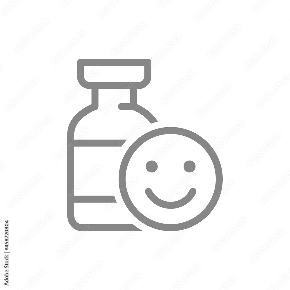 Medical ampoule and happy face line icon. Vaccination, vaccine evaluation, positive feedback symbol Medical ampoule and happy face line icon. Vaccination, vaccine evaluation, positive feedback symbol
