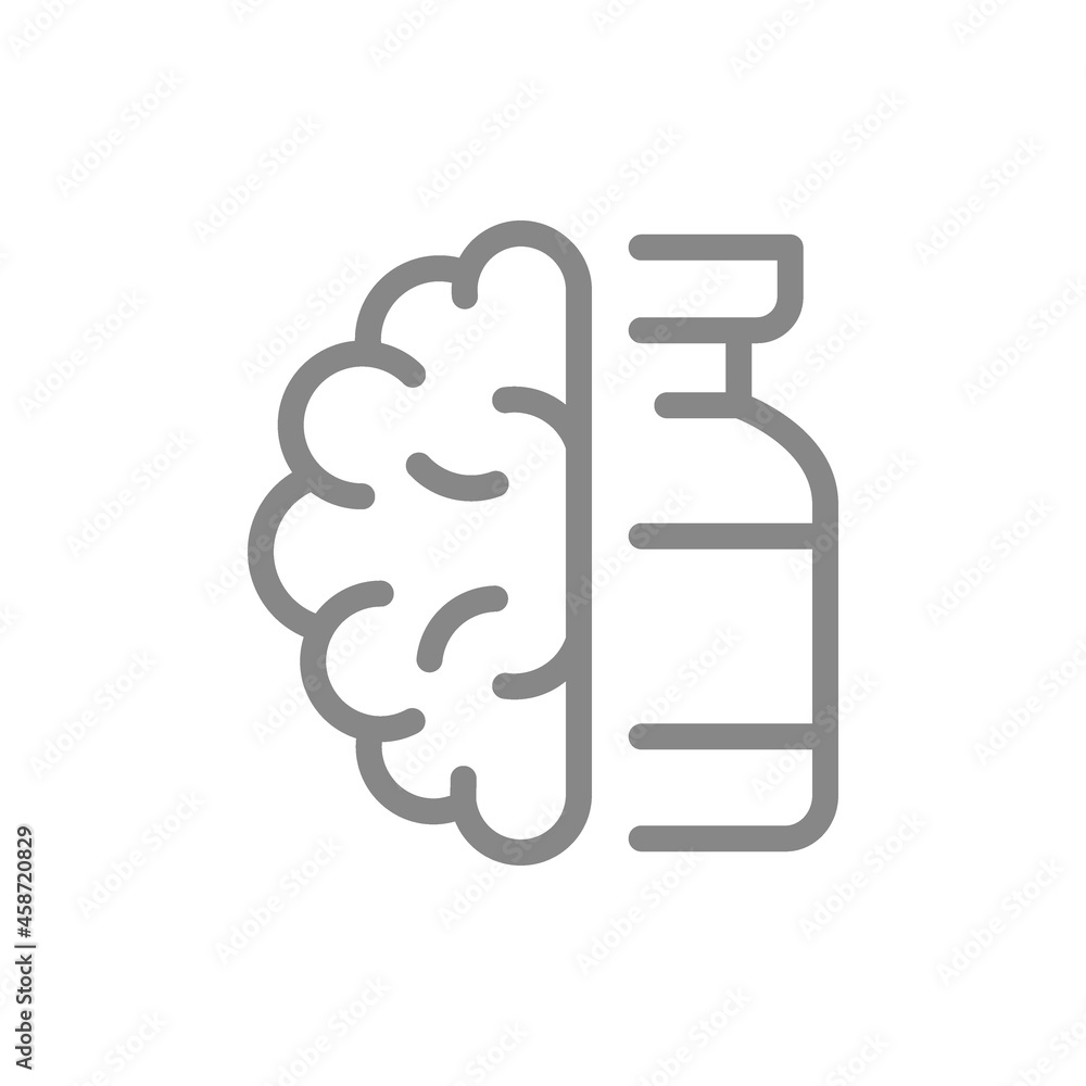 Medical ampoule and brain line icon. Vaccination, adjustment memory, vaccine brain reaction symbol Medical ampoule and brain line icon. Vaccination, adjustment memory, vaccine brain reaction symbol