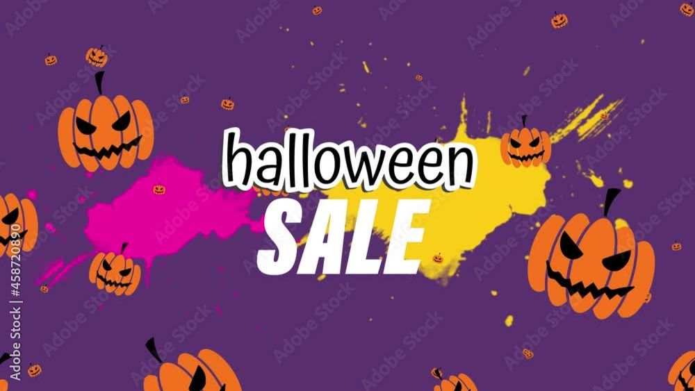 Animation of halloween sale and floating pumpkins on purple background Animation of halloween sale and floating pumpkins on purple background