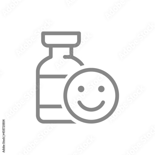 Medical ampoule and happy face line icon. Vaccination, vaccine evaluation, positive feedback symbol