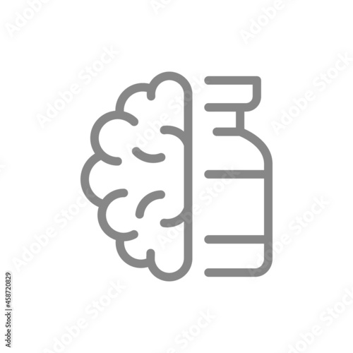 Medical ampoule and brain line icon. Vaccination, adjustment memory, vaccine brain reaction symbol