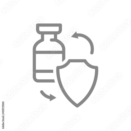 Medical ampoule and shield line icon. Vaccination of the population, serum, certified vaccine, immunization symbol