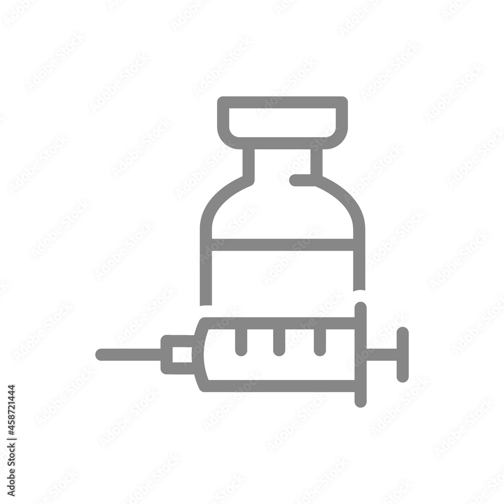 Medical ampoule with syringe line icon. Vaccination, vaccine, immunization, serum, vaccinated, injection symbol Medical ampoule with syringe line icon. Vaccination, vaccine, immunization, serum, vaccinated, injection symbol