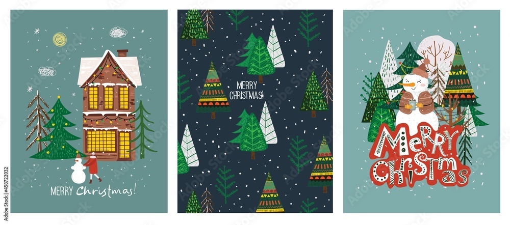 Vector hand drawing trendy abstract illustration of holiday cards of Merry Christmas and Happy New Year 2022 with christmas tree, winter forest, people and lettering. Vector hand drawing trendy abstract illustration of holiday cards of Merry Christmas and Happy New Year 2022 with christmas tree, winter forest, people and lettering.